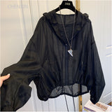 themeisles Women Jackets Hooded Summer Sun-proof Zipper Coats Thin Loose See Through Outerwear Breathable Outwear Lightweight Clothes Black