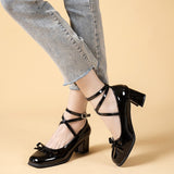 themeisles Black Retro Cross-Tie Pumps Casual  Summer Marry Janes Round Toe Shoes Ladies Lolita Sweet Fashion Shoes Woman Bow Design