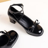 themeisles Black Retro Cross-Tie Pumps Casual  Summer Marry Janes Round Toe Shoes Ladies Lolita Sweet Fashion Shoes Woman Bow Design