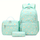3-Piece Daisy Print Backpack Set - Spacious Zipper Closure Daypack with Lining, Detachable Lunch Bag, and Pencil Case - Perfect Student Back to School Gift for Boys and Girls
