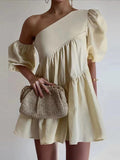 themeisles Loose Puff Sleeves Asymmetric Solid Color One-Shoulder Mini Dresses