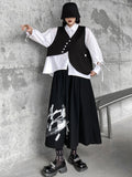 themeisles Original Loose Lace-Up Hollow Sleeve Blouse+Black Vest+Wide Leg Pants Culotte Three Pieces Set