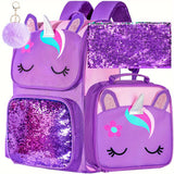 3pcs Unicorn Backpack For Girls, Kids Sequin Book Bag With Lunch Box, School Bag For Elementary Preschool Students