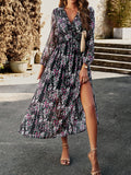 themeisles Split-Joint Ruffled Flower Print Loose Long Sleeves Deep V-Neck Maxi Dresses