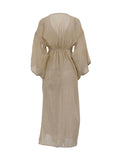 themeisles Tied Waist Split-Side Solid Color See-Through Three-Quarter Sleeves Loose V-Neck Midi Dresses
