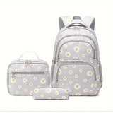 3-Piece Daisy Print Backpack Set - Spacious Zipper Closure Daypack with Lining, Detachable Lunch Bag, and Pencil Case - Perfect Student Back to School Gift for Boys and Girls
