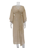 themeisles Tied Waist Split-Side Solid Color See-Through Three-Quarter Sleeves Loose V-Neck Midi Dresses