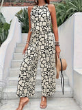 Stylish Allover Print Casual Pantsuits - Off the Shoulder, Sleeveless, High Waist, Wide Leg, Elegant Polyester Outfit for Spring/Summer - Woven, Random Printing, No Elasticity, Motif Cachemire Pattern