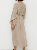themeisles Tied Waist Split-Side Solid Color See-Through Three-Quarter Sleeves Loose V-Neck Midi Dresses