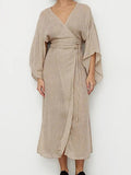 themeisles Tied Waist Split-Side Solid Color See-Through Three-Quarter Sleeves Loose V-Neck Midi Dresses
