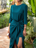 themeisles Tied Waist Solid Color Pleated Three-Quarter Sleeves Loose Boat Neck Maxi Dresses