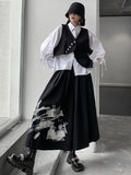 themeisles Original Loose Lace-Up Hollow Sleeve Blouse+Black Vest+Wide Leg Pants Culotte Three Pieces Set