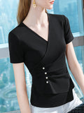 themeisles Original Skinny Solid Color Pleated Asymmetric Beaded T-Shirt Top