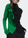 themeisles Long Sleeves Skinny Contrast Color Split-Front Split-Joint High-Neck T-Shirts