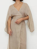 themeisles Tied Waist Split-Side Solid Color See-Through Three-Quarter Sleeves Loose V-Neck Midi Dresses