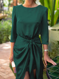 themeisles Tied Waist Solid Color Pleated Three-Quarter Sleeves Loose Boat Neck Maxi Dresses