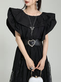 themeisles Split-Joint Solid Color Pleated Falbala Short Sleeves Loose Round-Neck Blouses