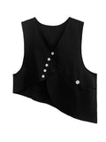 themeisles Original Loose Lace-Up Hollow Sleeve Blouse+Black Vest+Wide Leg Pants Culotte Three Pieces Set