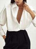 themeisles Solid Color Buttoned Loose Long Sleeves Lapel Blouses&Shirts Tops