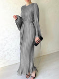themeisles Flared Sleeves Long Sleeves Pleated Ruffled Solid Color Round-Neck Maxi Dresses