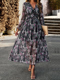 themeisles Split-Joint Ruffled Flower Print Loose Long Sleeves Deep V-Neck Maxi Dresses