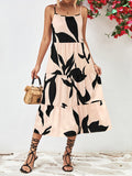 themeisles Floral Printed Contrast Color Sleeveless Loose Spaghetti-Neck Midi Dresses