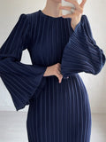 themeisles Flared Sleeves Long Sleeves Pleated Ruffled Solid Color Round-Neck Maxi Dresses