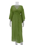 themeisles Tied Waist Split-Side Solid Color See-Through Three-Quarter Sleeves Loose V-Neck Midi Dresses