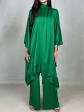 themeisles Batwing Sleeves Loose Solid Color Stand Collar T-Shirt Tops&Pants Two Pieces Set