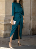 themeisles Tied Waist Solid Color Pleated Three-Quarter Sleeves Loose Boat Neck Maxi Dresses