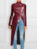 themeisles Long Sleeves Skinny Solid Color Split-Front High-Neck T-Shirts Tops