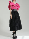 themeisles Split-Joint Solid Color Pleated Falbala Short Sleeves Loose Round-Neck Blouses