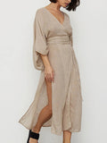 themeisles Tied Waist Split-Side Solid Color See-Through Three-Quarter Sleeves Loose V-Neck Midi Dresses