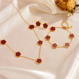 Three-Piece Complete Jewelry Set - Durable Titanium Steel Plated 18K Gold Lucky Five-Leaf Grass Necklace, Bracelet, and Stud Earrings - Perfect Lady Gift for Birthday and Special Occasions