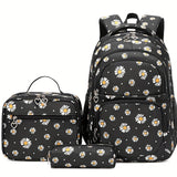 3-Piece Daisy Print Backpack Set - Spacious Zipper Closure Daypack with Lining, Detachable Lunch Bag, and Pencil Case - Perfect Student Back to School Gift for Boys and Girls