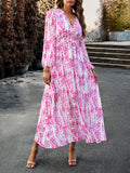 themeisles Split-Joint Ruffled Flower Print Loose Long Sleeves Deep V-Neck Maxi Dresses