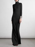 themeisles Long Sleeves Skinny Solid Color High Neck Maxi Dresses