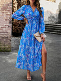 themeisles Split-Joint Ruffled Flower Print Loose Long Sleeves Deep V-Neck Maxi Dresses