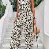 Stylish Allover Print Casual Pantsuits - Off the Shoulder, Sleeveless, High Waist, Wide Leg, Elegant Polyester Outfit for Spring/Summer - Woven, Random Printing, No Elasticity, Motif Cachemire Pattern