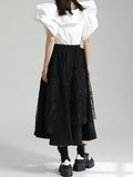 themeisles Split-Joint Solid Color Pleated Falbala Short Sleeves Loose Round-Neck Blouses