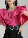 themeisles Split-Joint Solid Color Pleated Falbala Short Sleeves Loose Round-Neck Blouses