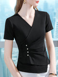 themeisles Original Skinny Solid Color Pleated Asymmetric Beaded T-Shirt Top