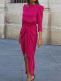themeisles Tied Waist Solid Color Pleated Three-Quarter Sleeves Loose Boat Neck Maxi Dresses