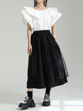 themeisles Split-Joint Solid Color Pleated Falbala Short Sleeves Loose Round-Neck Blouses