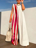 themeisles Sleeveless Wide Leg Contrast Color Printed Striped Jumpsuits