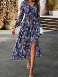 themeisles Split-Joint Ruffled Flower Print Loose Long Sleeves Deep V-Neck Maxi Dresses