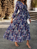 themeisles Split-Joint Ruffled Flower Print Loose Long Sleeves Deep V-Neck Maxi Dresses
