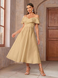 Elegant Off the Shoulder Ruffle Trim Fit and Flare Dress - Micro Elasticity, Flared Hem, Cinched Waist, Solid Color, Hand Washable - Perfect for Party and Banquet, Womens Clothing