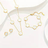 Three-Piece Complete Jewelry Set - Durable Titanium Steel Plated 18K Gold Lucky Five-Leaf Grass Necklace, Bracelet, and Stud Earrings - Perfect Lady Gift for Birthday and Special Occasions