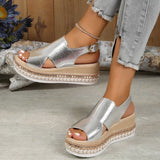 themeisles - Gold Casual Hollowed Out Patchwork Fish Mouth Out Door Wedges Shoes (Heel Height 1.97in)
